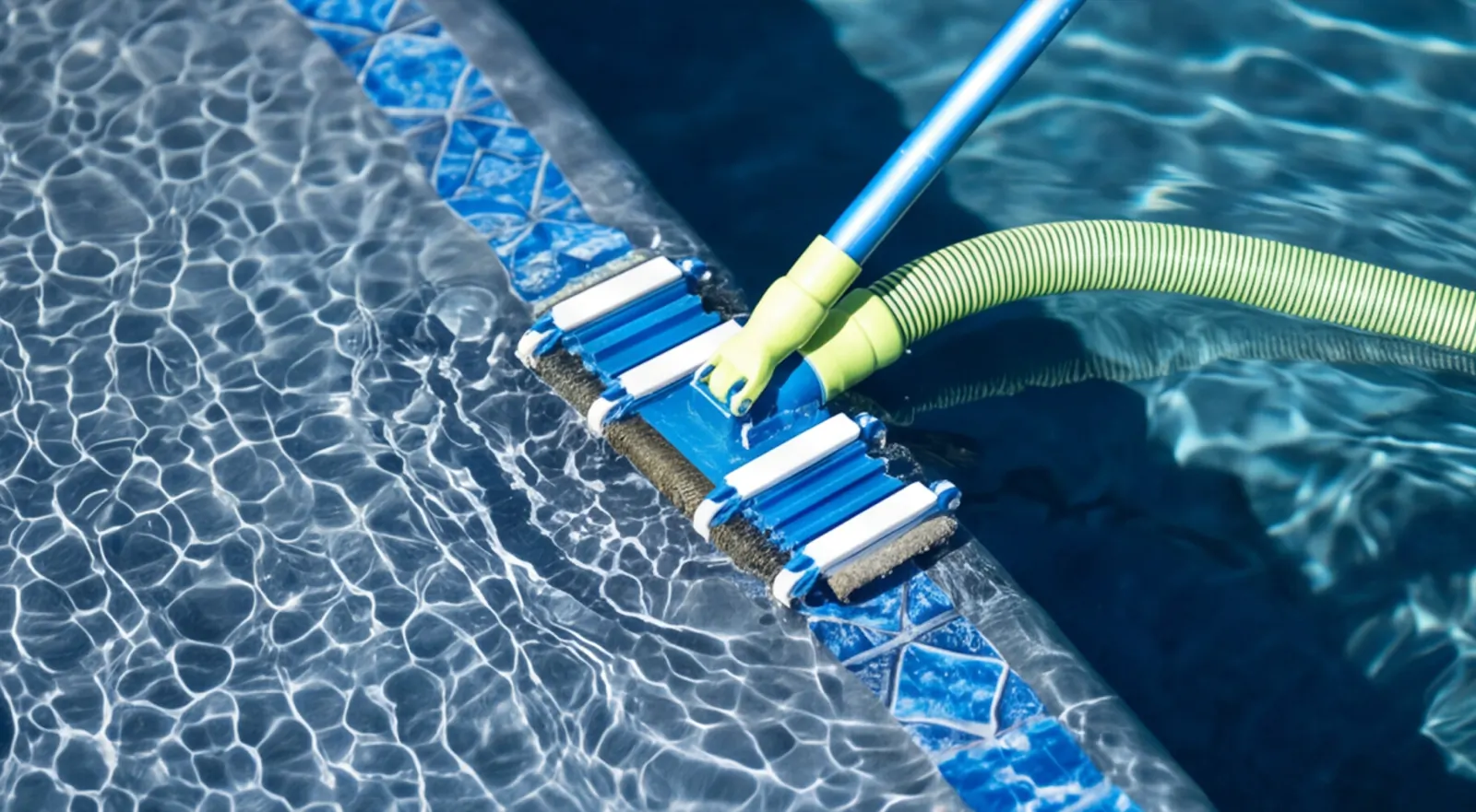 Close-up of a vacuum head cleaning a pool floor